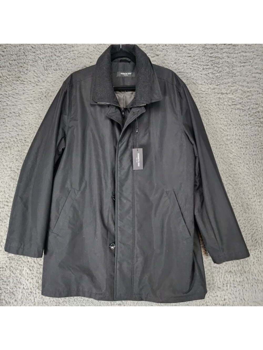 Kenneth Cole Jacket Mens Large Black Lined Overcoat Long Sleeve Zip Button *NWT*
